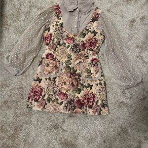 Valleygirl Beige and Floral Dress with Sheer Sleeves